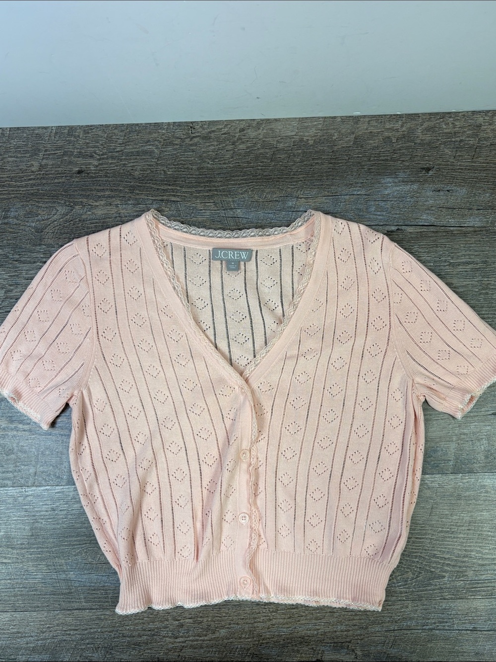 J.Crew Pink Pointelle Lace Trim Short Sleeve Cardigan Sweater Size Medium